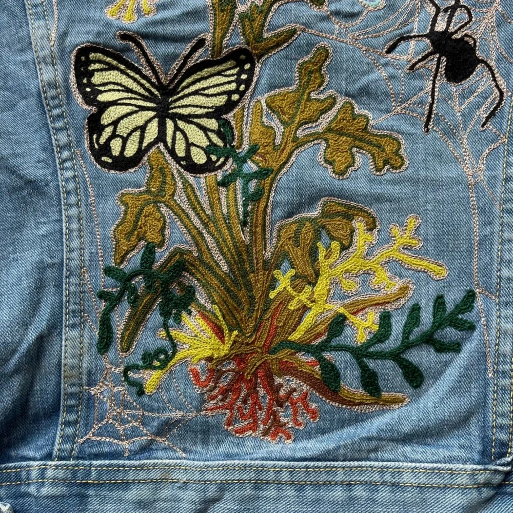Vintage 70s Lee 101J Denim Jacket Chain Stitch Butterfly Embroidery Blue Mens
